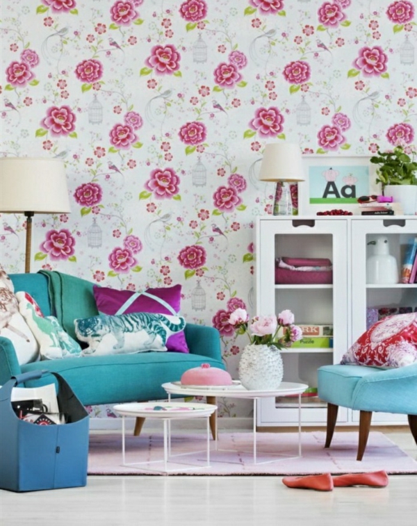 Living room wall design wallpaper floral motifs