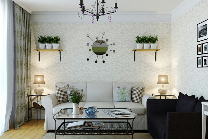σαλόνι τοίχου διακόσμηση ταπετσαρία τοίχο ράφια γλάστρες διακοσμήσεις τοίχων μαύρη πολυθρόνα