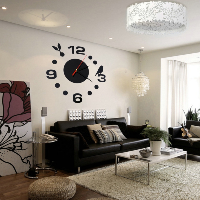 Σαλόνι σχεδιασμού τοίχο ρολόι τοίχου μαύρο δερμάτινο πολυέλαιο καναπέ