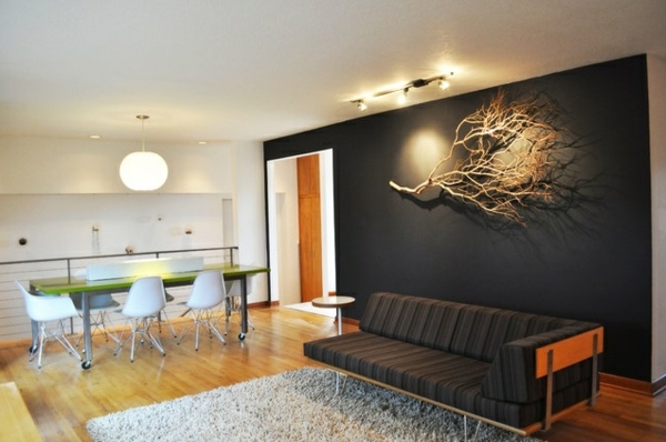 sala de estar, pared, diseño, rama, colgante, retro, sofá