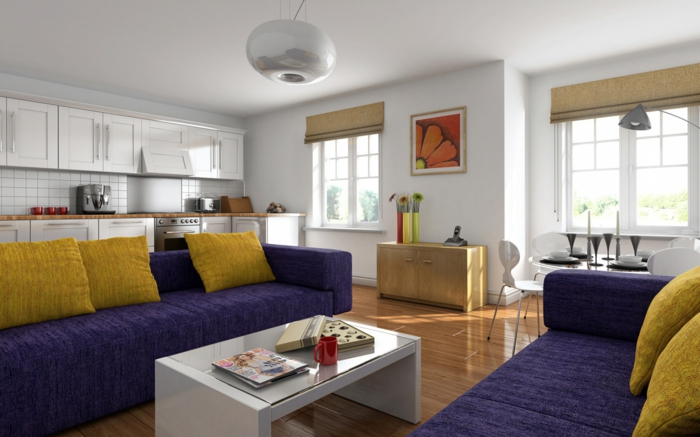 хол стая декорация лилаво мебели жълт хвърли възглавница