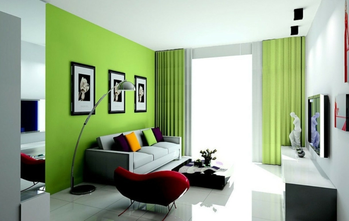 Stue møblement idé grøn accent væg farvet kaste pude