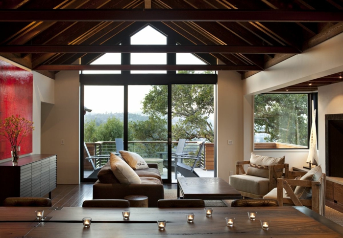 salon meubles idées meubles en bois fenêtres panoramiques
