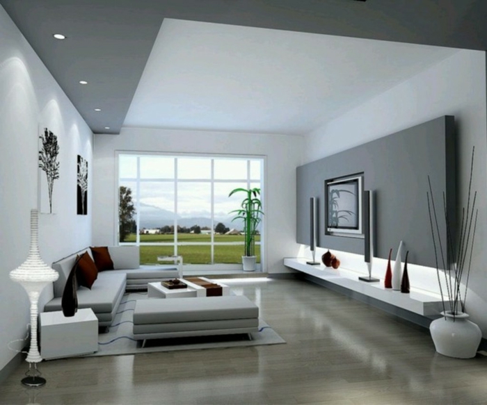 obývací pokoj nápady moderní prostorné dekorace nápady příslušenství šedý přízvuk stěna
