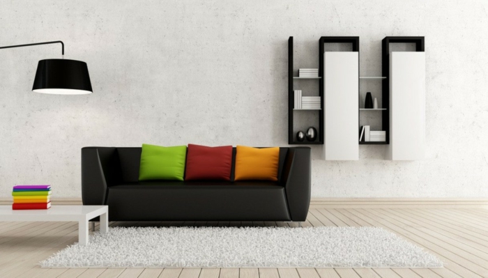 stue møbler ideer svart sofa hyller minimalistisk