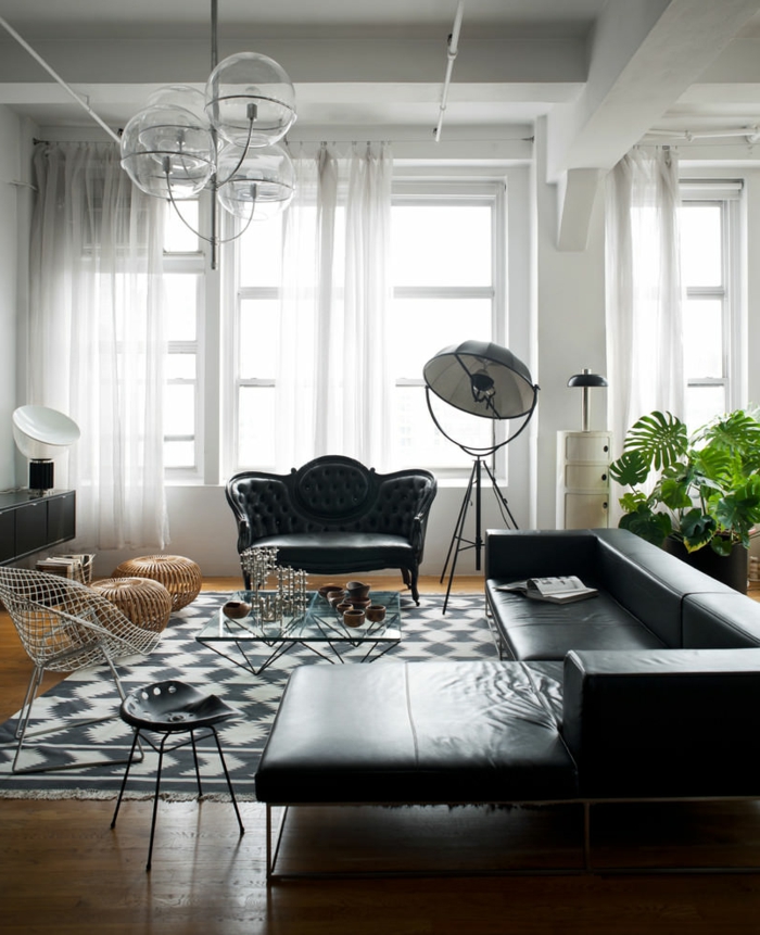Stue møbler Ideer teppe mønster skinn sofa kjølig lysekrone planter