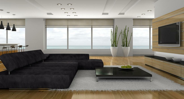 stue oprette stor sort sofa panoramavindue