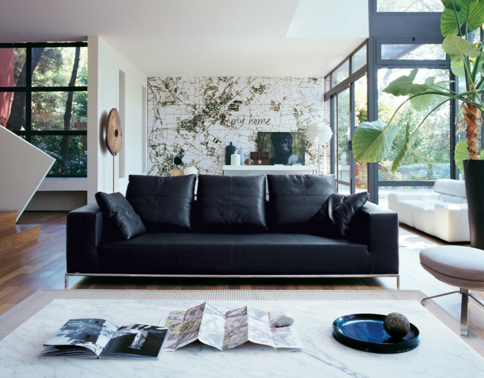 Stue møbler sort sofa plante