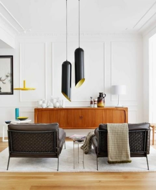ideas para sala de estar ideas estilo retro aparador vintage ecléctico hecho de madera luces colgantes modernas