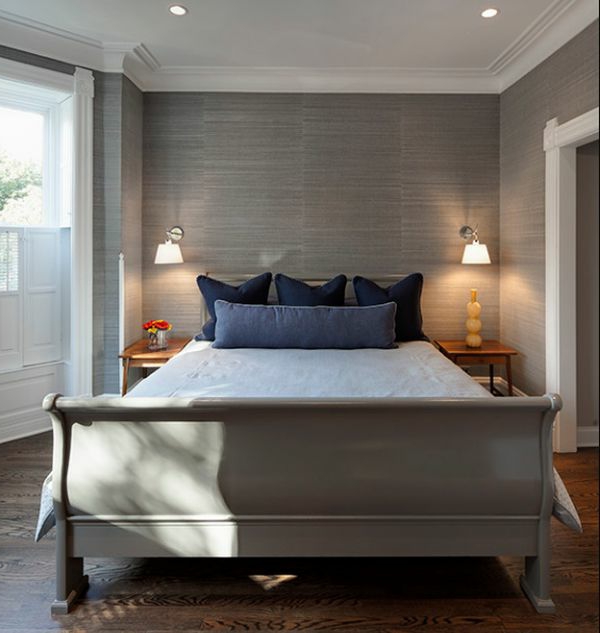 dormitorio contemporáneo cama de trineo gris elegante