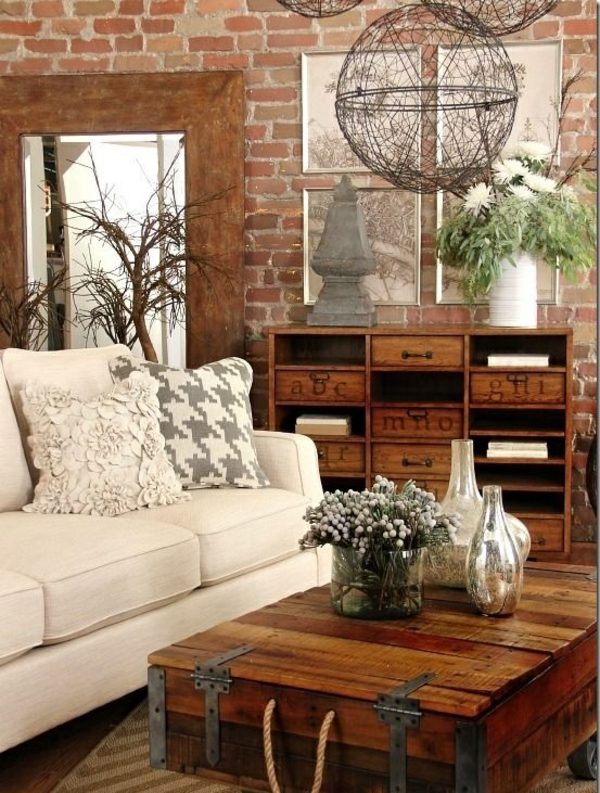 murvæg stue stue rustikke møbler træ sofabord gøre dig selv