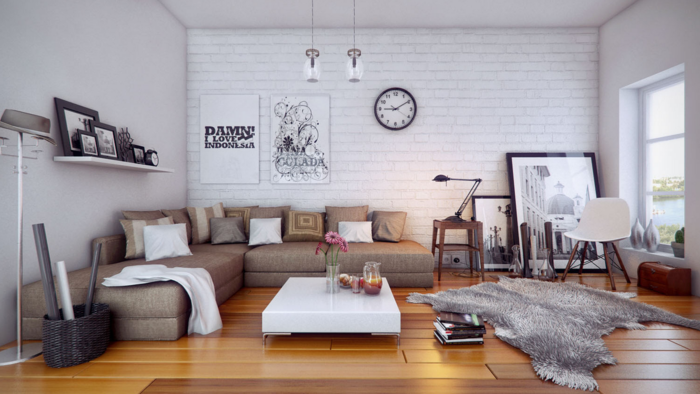 bedroom set-ideas-living room-fur carpet-corner sofa-wall clock