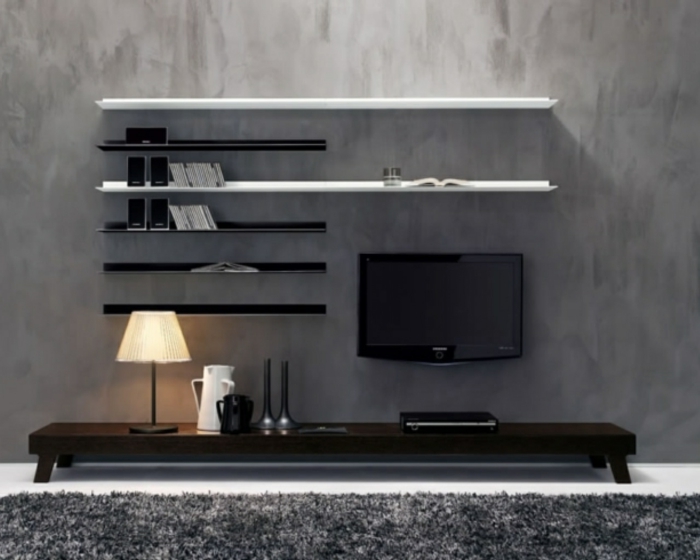 room ideas ideas living room gray wall television open wall shelves