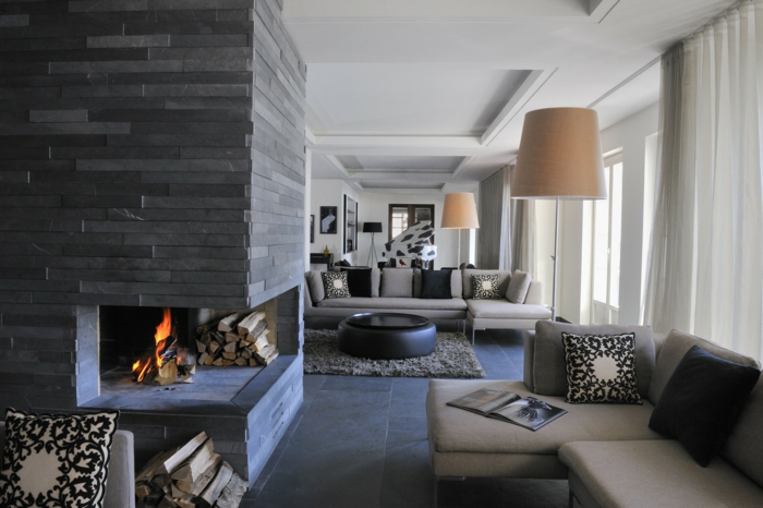 room furniture living room fireplace black floor tiles stylish