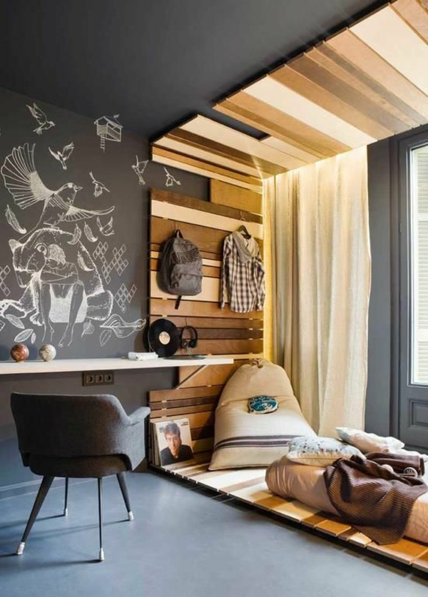 kambario dizaino idėjos jaunimo kambario medienos pramoniniai motyvai