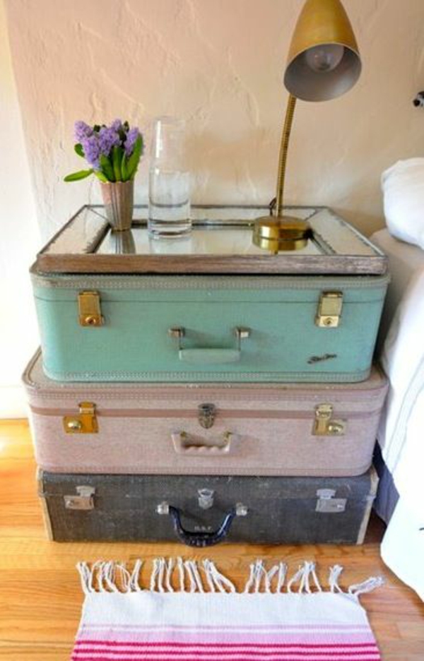 Room design ideas in the youth room suitcase bedside table